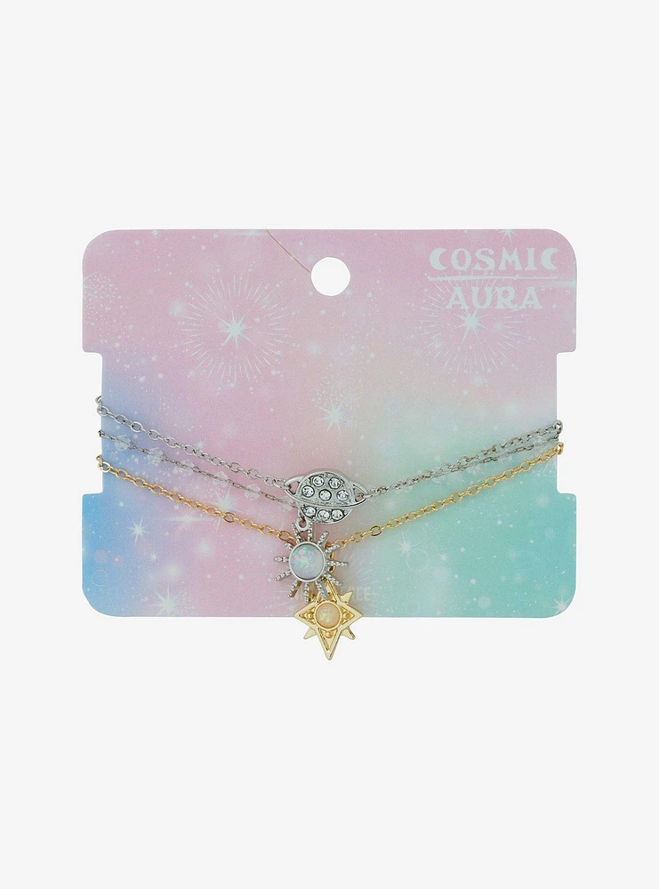 Cosmic Aura Celestial Planet Gem Chain Bracelet Set