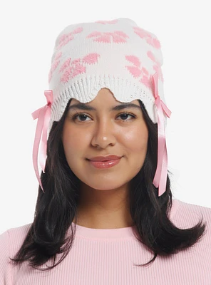 Cream Pink Flower Scalloped Beanie