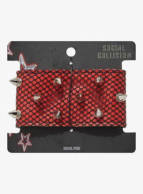 Social Collision Red Faux Leather Fishnet Spike Cuff Bracelet