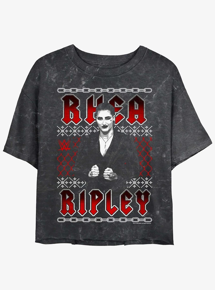 WWE Rhea Ripley Ugly Sweater Pattern Mineral Wash Womens Crop T-Shirt