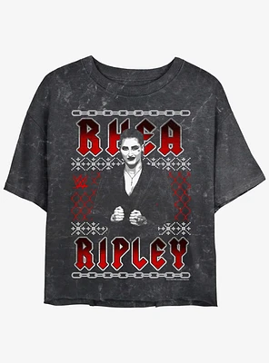 WWE Rhea Ripley Ugly Sweater Pattern Mineral Wash Girls Crop T-Shirt