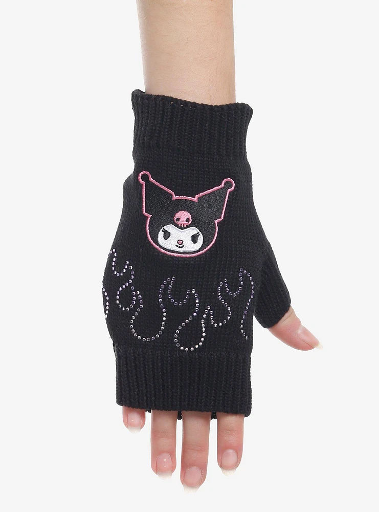 Kuromi Rhinestone Flames Fingerless Gloves