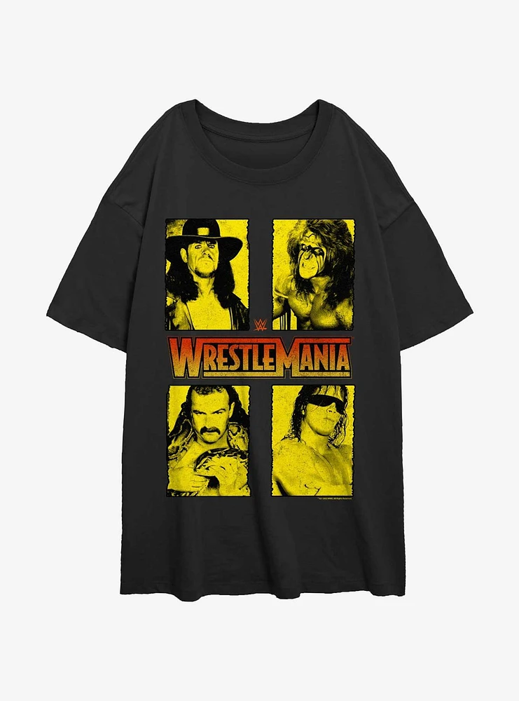 WWE WrestleMania Legends The Undertaker Ultimate Warrior Jake Thee Snake and Bret Hart Womens Oversized T-Shirt