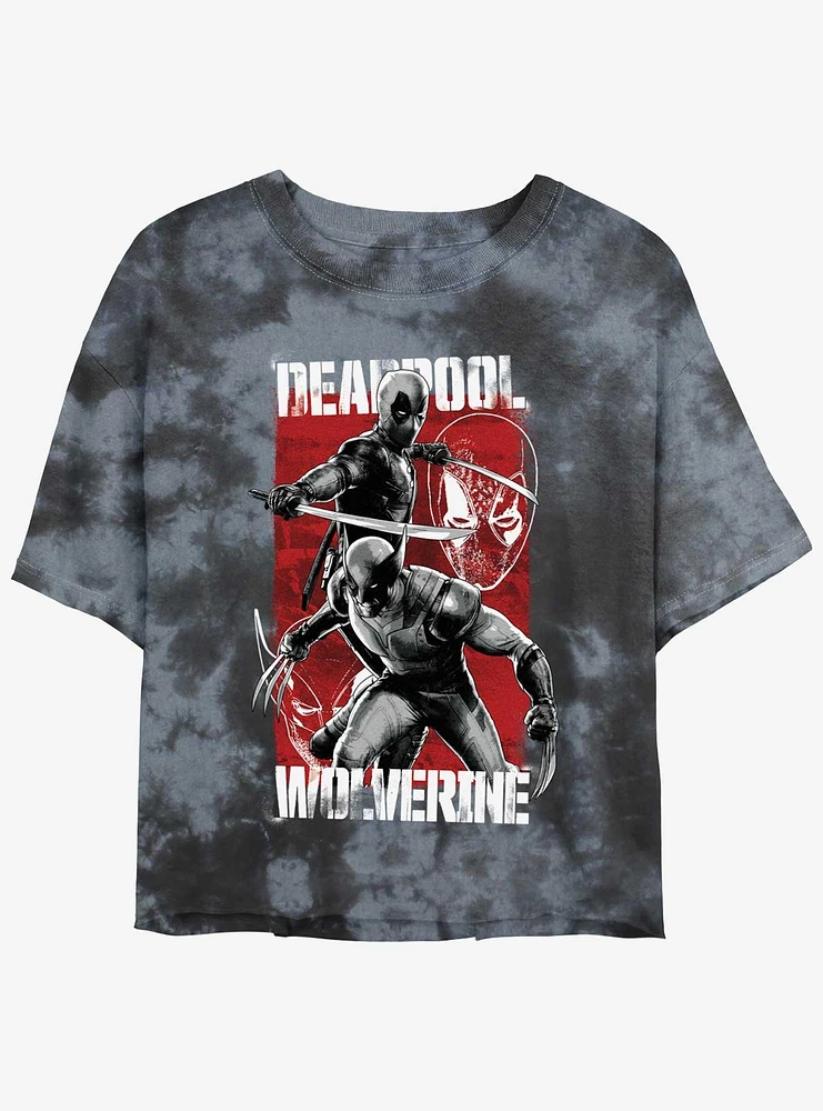 Marvel Deadpool & Wolverine Hero Portrait Womens Tie-Dye Crop T-Shirt