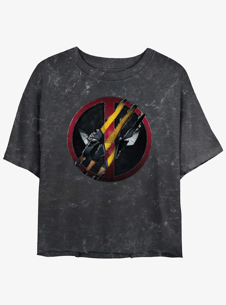 Marvel Deadpool & Wolverine Clawing Through Womens Mineral Wash Crop T-Shirt