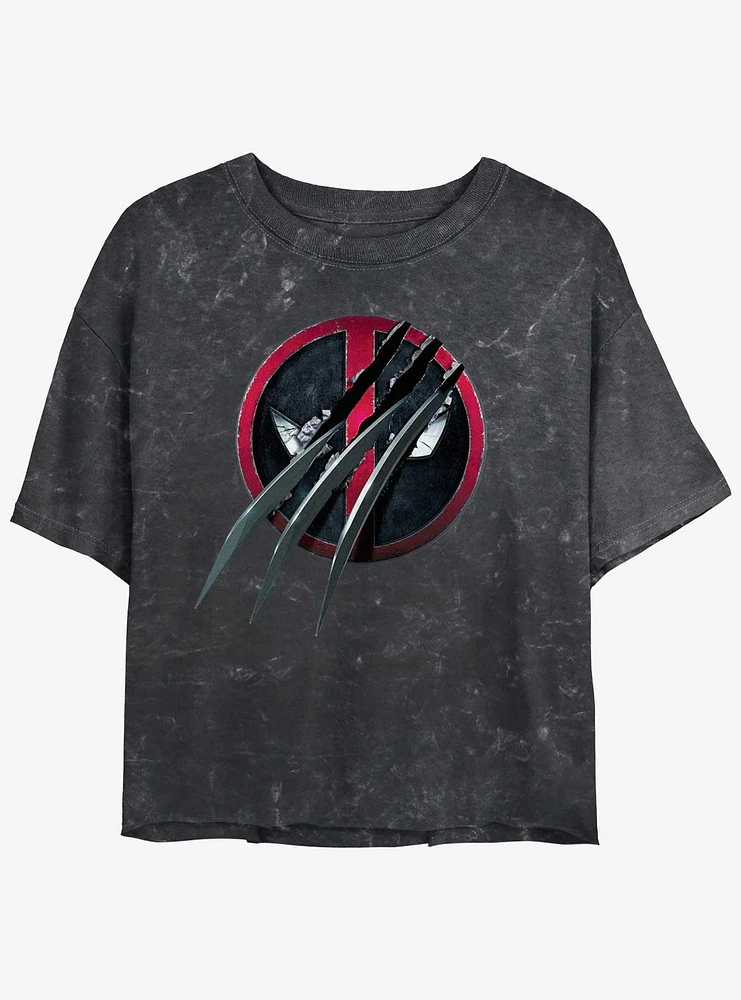 Marvel Deadpool & Wolverine Clawed Pool Womens Mineral Wash Crop T-Shirt