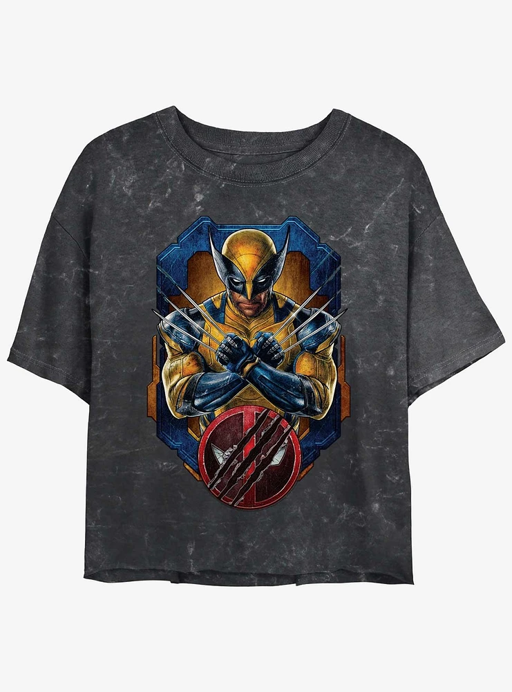 Marvel Deadpool & Wolverine Pose Badge Womens Mineral Wash Crop T-Shirt