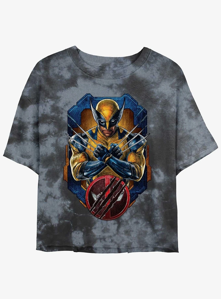 Marvel Deadpool & Wolverine Pose Badge Womens Tie-Dye Crop T-Shirt