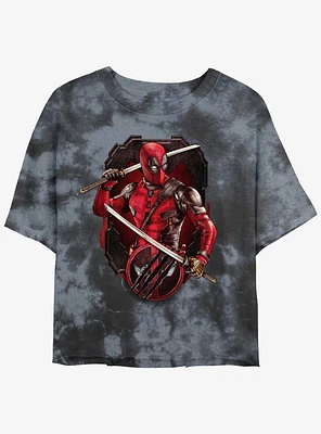 Marvel Deadpool & Wolverine Pose Badge Womens Tie-Dye Crop T-Shirt