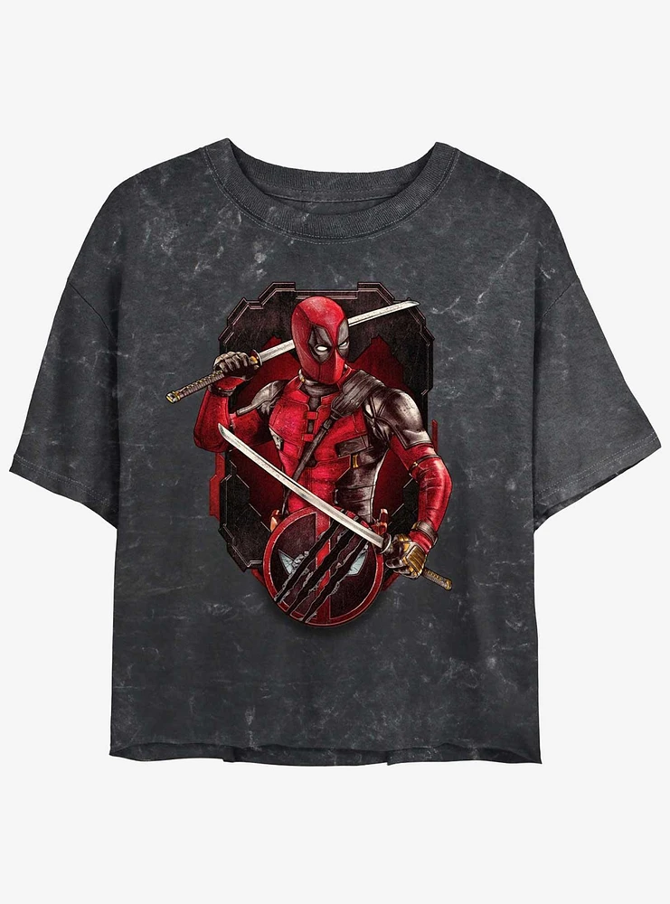 Marvel Deadpool & Wolverine Pose Badge Girls Mineral Wash Crop T-Shirt