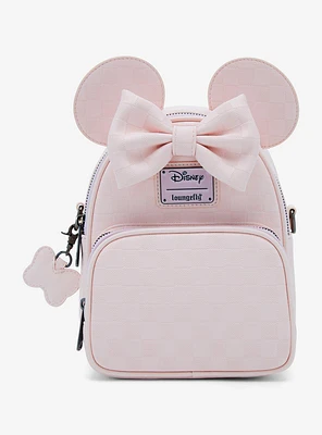 Loungefly Disney Minnie Mouse Light Pink Checkered Figural Convertible Crossbody Bag