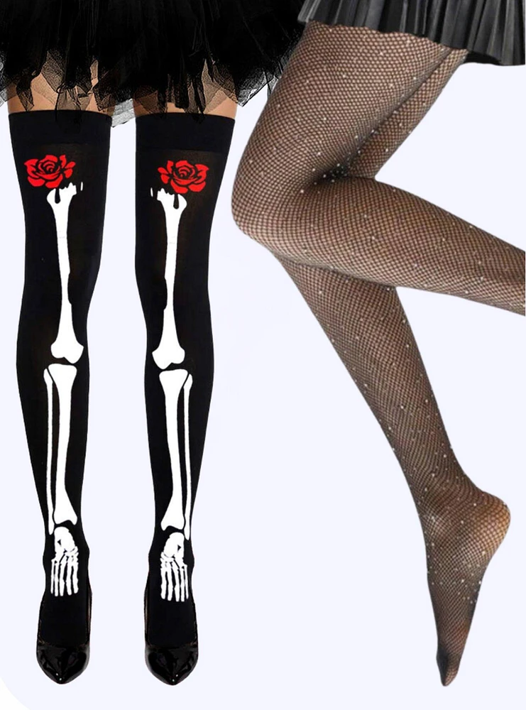 Skeleton Thigh High Socks and Rhinestone Fishnet Tights Set