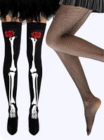 Skeleton Thigh High Socks and Rhinestone Fishnet Tights Set