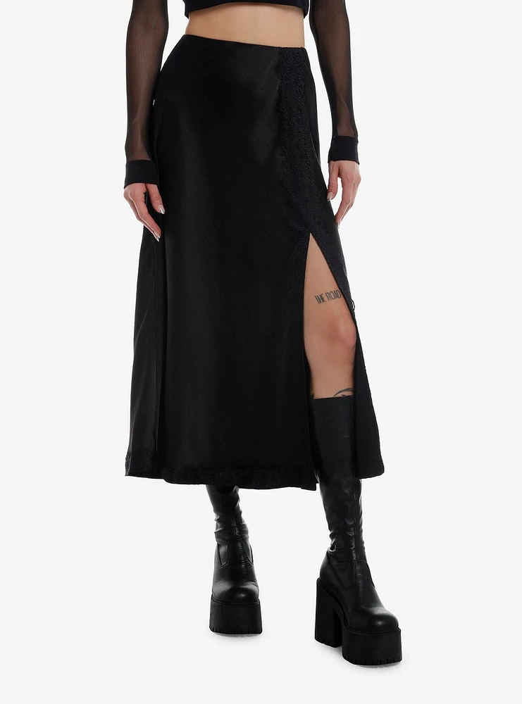 Social Collision Black Satin Slit Midi Skirt