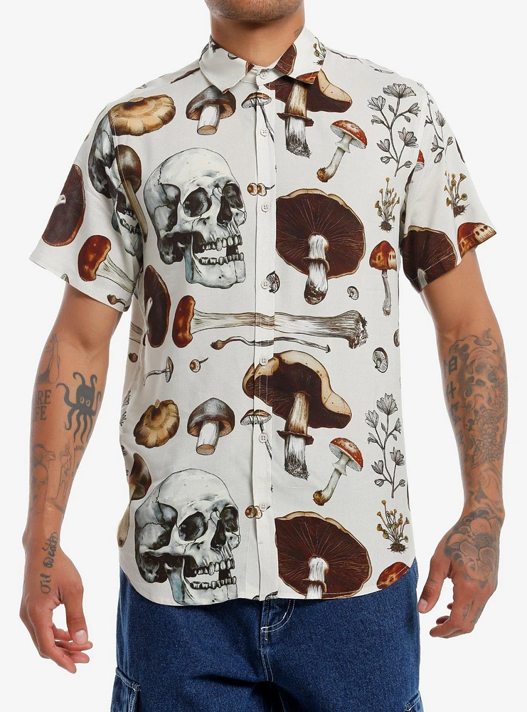 Mushrooms & Skulls Allover Print Woven Button-Up