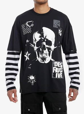 Social Collision Skull Patches Stripe Twofer Long-Sleeve T-Shirt