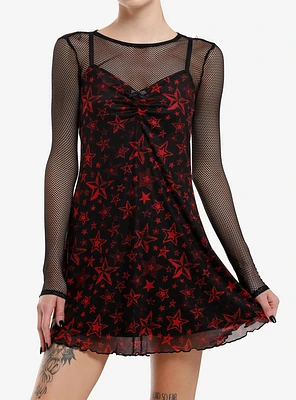 Social Collision Red Star Mesh Girls Twofer Dress