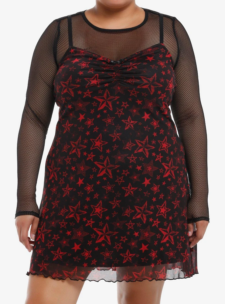 Social Collision Red Star Mesh Girls Twofer Dress Plus