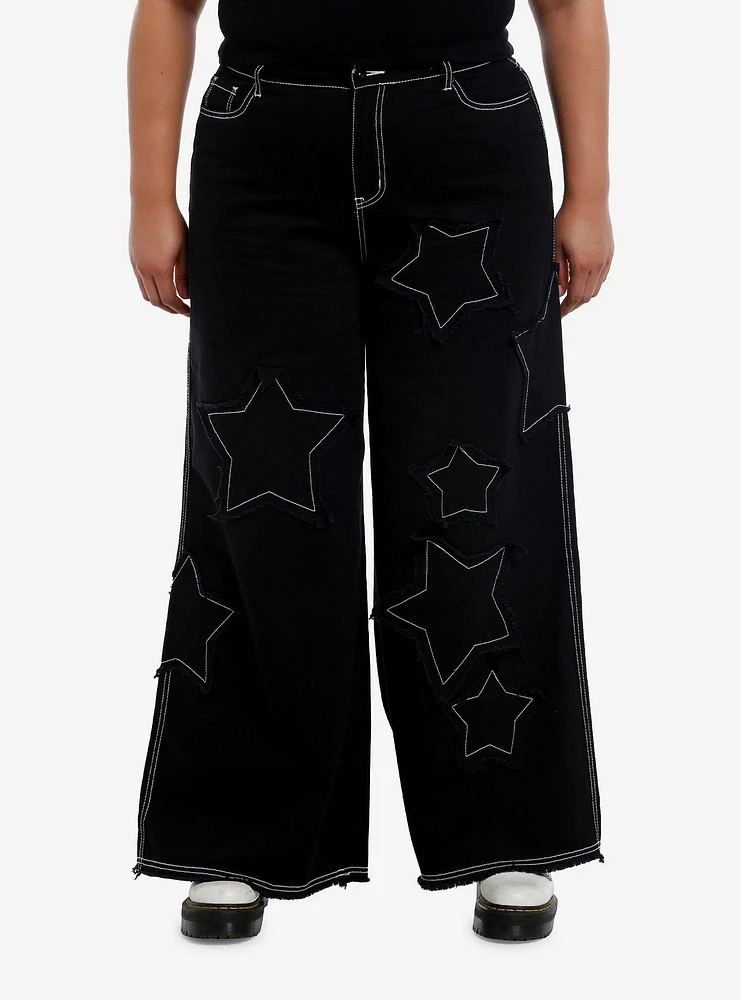 Black Frayed Star Patch Wide Leg Pants Plus