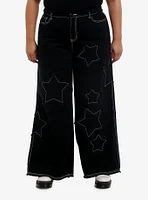 Black Frayed Star Patch Wide Leg Pants Plus