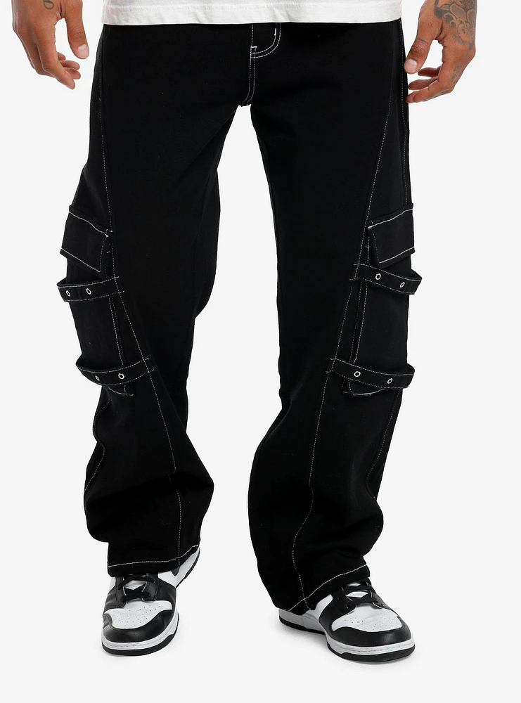 Black & White Contrast Stitch Grommet Strap Cargo Pants