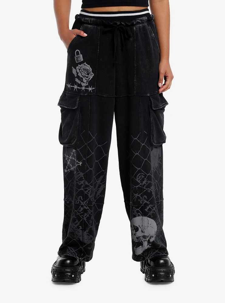 Social Collision Black Skull & Barbed Wire Wide Leg Girls Lounge Pants