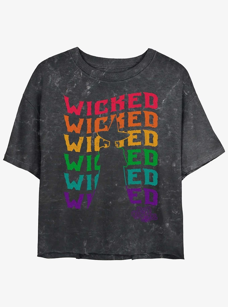 Wizard Of Oz Wicked Rainbow Repeat Womens Mineral Wash Crop T-Shirt