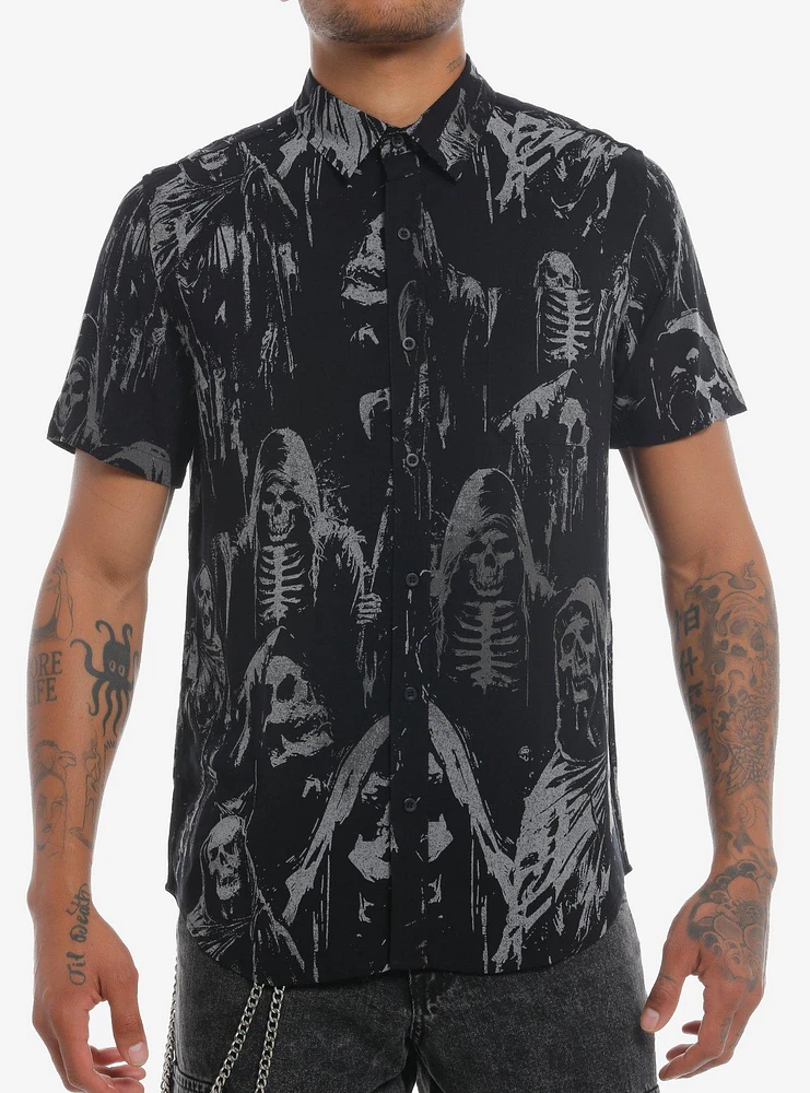 Grim Reaper Allover Print Woven Button-Up