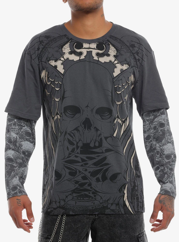 Skulls Grey Oversized Twofer Long-Sleeve T-Shirt