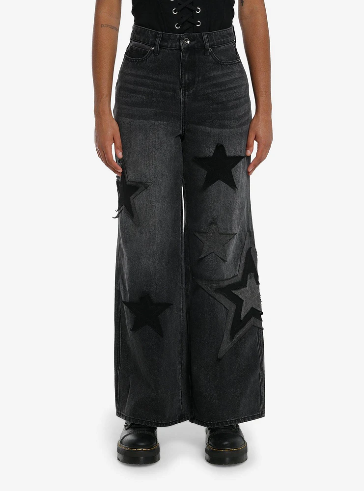 Black Wash Star Patch Wide Leg Jeans