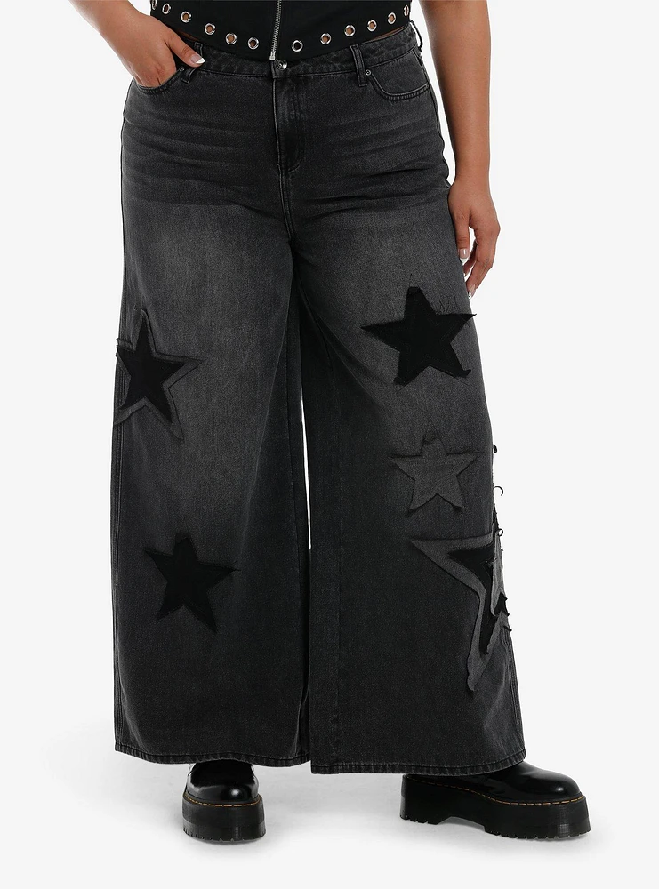 Black Wash Star Patch Wide Leg Jeans Plus