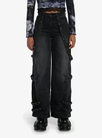 Black Wash Grommets & Straps Wide Leg Jeans