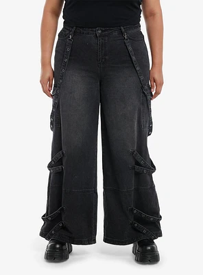 Black Wash Grommets & Straps Wide Leg Jeans Plus