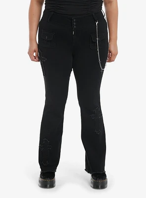 Black Cross Patch Side Chain Flare Pants Plus