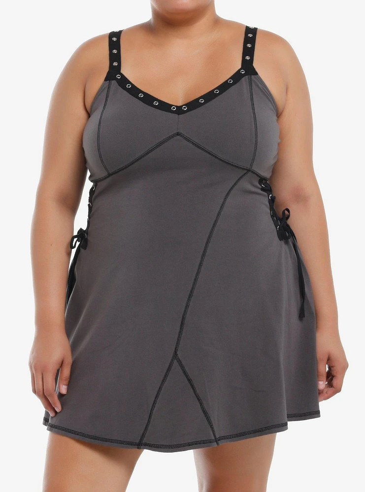 Social Collision Grey Grommet Strap Lace-Up Dress Plus