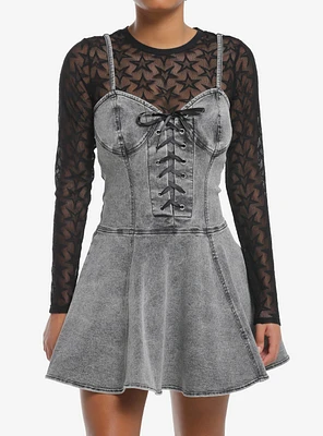 Social Collision Grey Denim & Black Star Mesh Twofer Dress