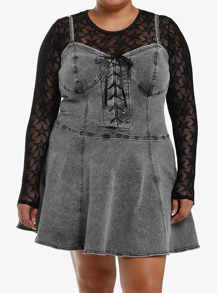 Social Collision Grey Denim & Black Star Mesh Twofer Dress Plus