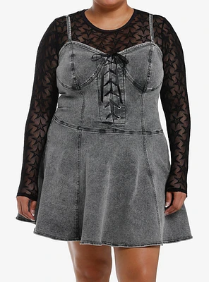 Social Collision Grey Denim & Black Star Mesh Twofer Dress Plus