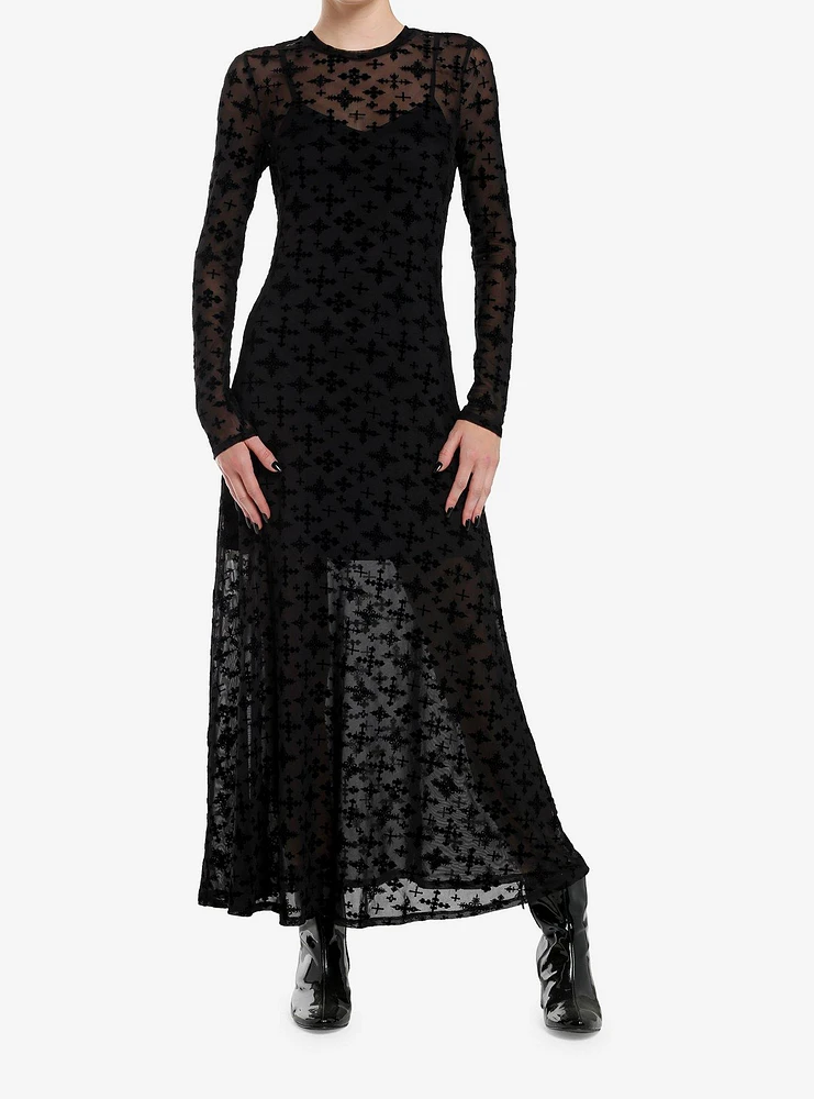 Cosmic Aura Flocked Cross Mesh Long-Sleeve Maxi Dress