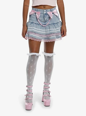 Sweet Society Light Blue Denim Pink Bow Ruffle Mini Skirt