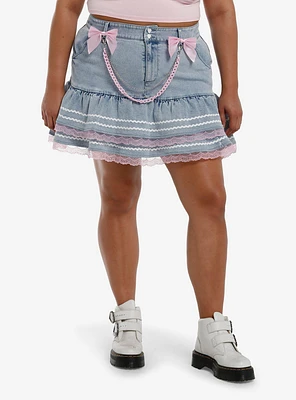 Sweet Society Light Blue Denim Pink Bow Ruffle Mini Skirt Plus