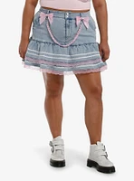 Sweet Society Light Blue Denim Pink Bow Ruffle Mini Skirt Plus