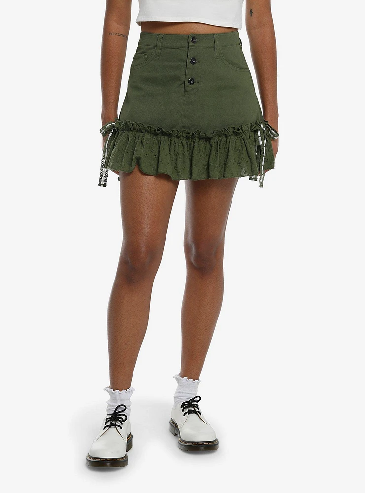 Thorn & Fable Olive Green Eyelet Ruffle Mini Skirt