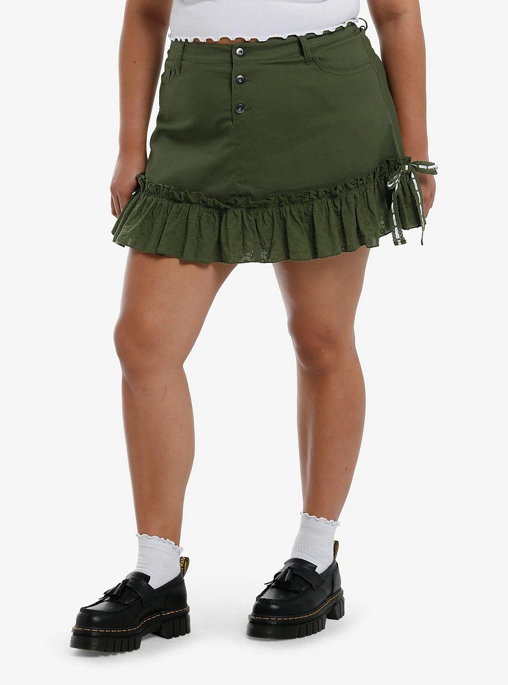 Thorn & Fable Olive Green Eyelet Ruffle Mini Skirt Plus