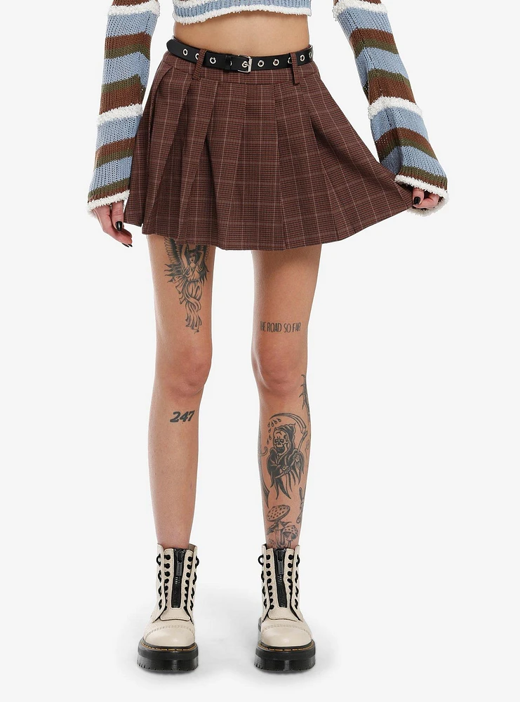 Thorn & Fable Brown Pleated Skirt With Grommet Belt