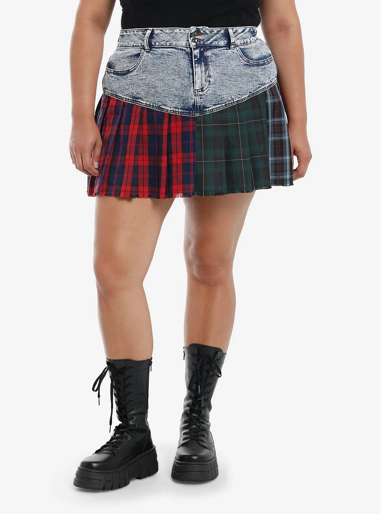 Social Collision Mixed Plaid Split Pleated Skirt Plus