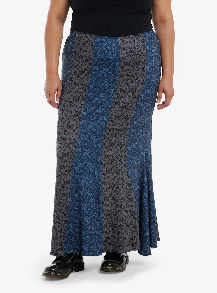 Thorn & Fable Black Blue Butterfly Stripe Mermaid Maxi Skirt Plus