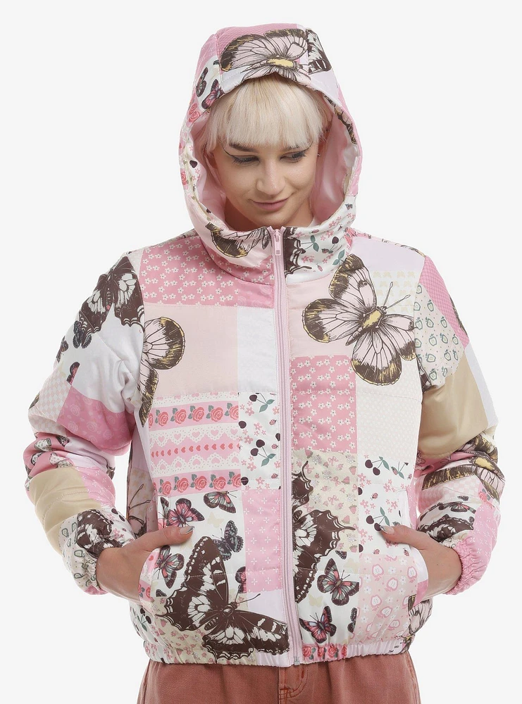 Sweet Society Butterfly Pink Patchwork Girls Puffer Jacket