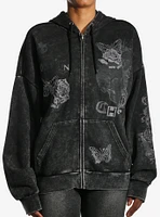 Social Collision Butterfly Rose Rhinestone Wash Girls Hoodie