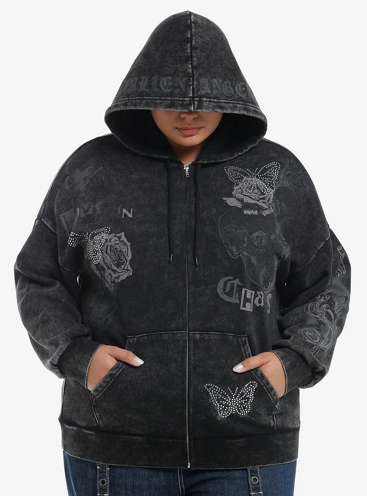 Social Collision Butterfly Rose Rhinestone Wash Girls Hoodie Plus